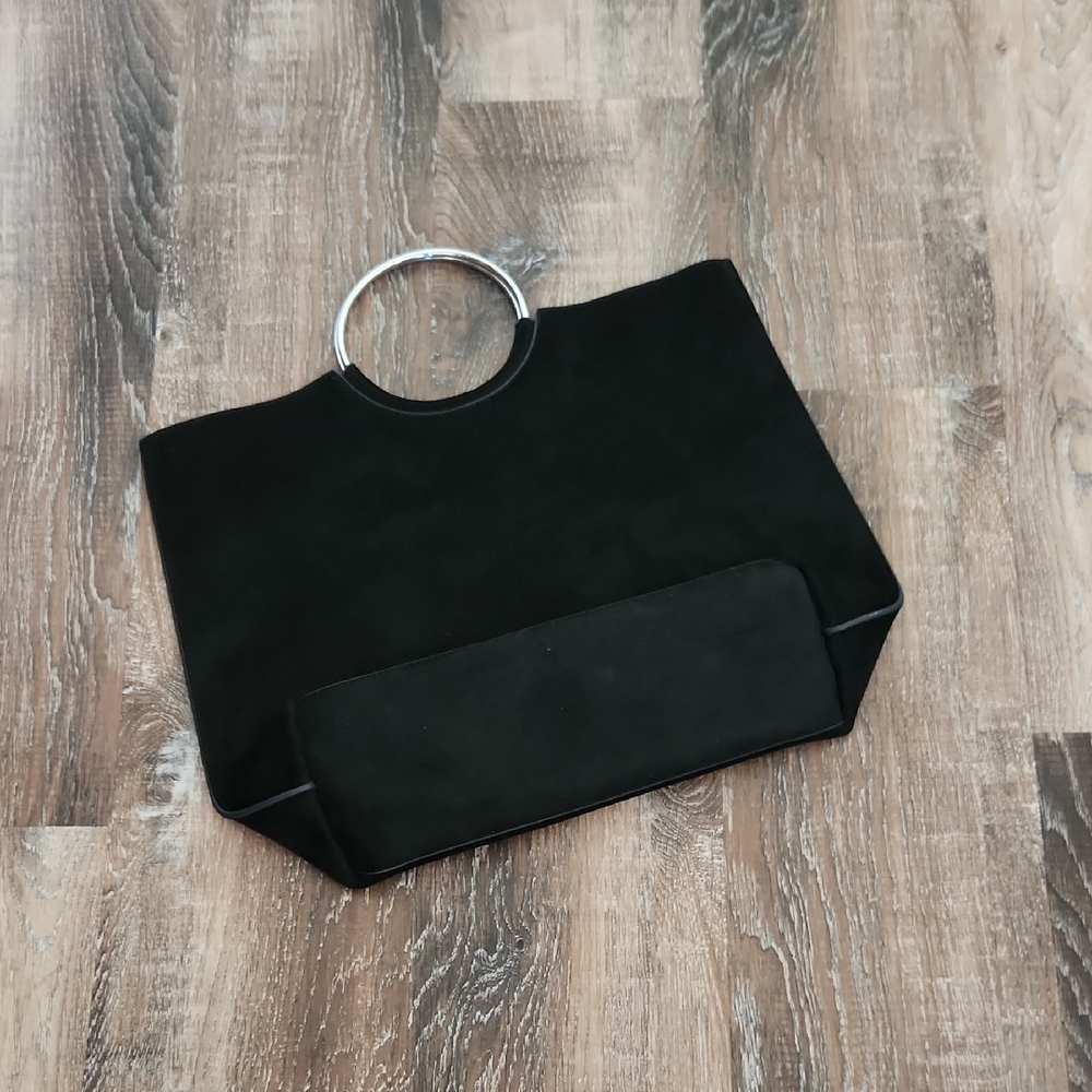 NWOT Banana Republic Black Suede Tote Bag Purse with Silver Ring Handles